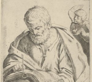 Old man seated and writing in a book by Guido Reni